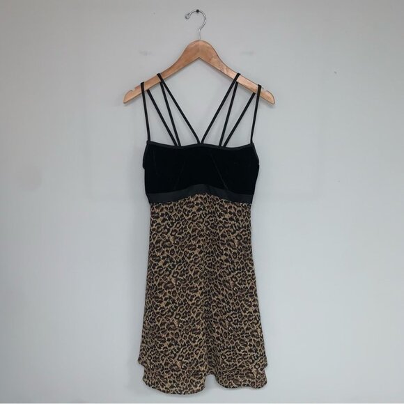 Anne Klein Dress Size 4 US Velour Leopard Print Y2K Vintage Strappy Black Tan - Picture 2 of 10
